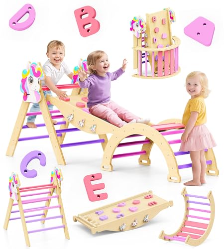 Pikler Triangle Set, 11-in-1 Montessori Climbing Toy for Toddlers, Foldable Wooden Indoor Jungle Gym & Playground Climber for Learning and Motor Skills (18 Months–7 Years) - color: Unicorn