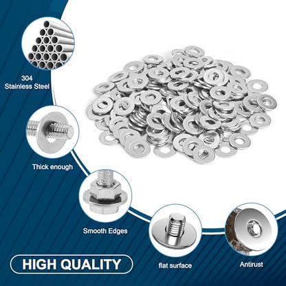 100Pcs Flat Washers for Screws, 1/4" Small Washer, Premium 18-8 (304) Stainless Steel Washers for Bolts, Anti-Rust, Heavy Duty Washers Set-Industry-Widely Used