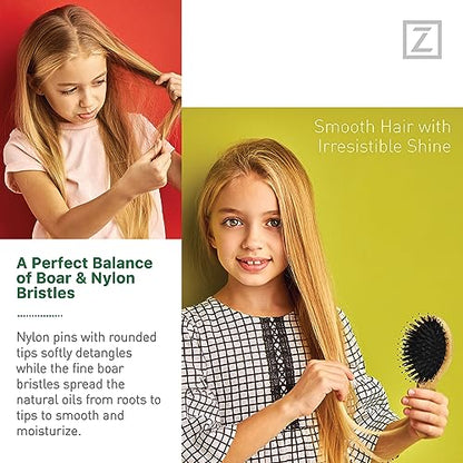 Natural Boar Bristle Hair Brush mini size, portable, easy carry for Women, Men, Kids; Dry and Wet Detangling Hair Brush Gently Enhances Shine, for Fine and Straight, Thick and Curly Hair