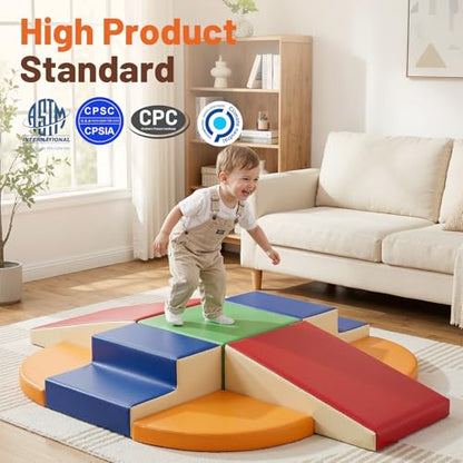 TODIBY 9-Piece Climbing Foam Blocks: Soft PU Leather - Baby Climb and Crawl Activity Blocks - Kids Play Gym Equipment Indoor for Development - style: Classic