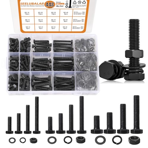 448 PCS Metric M5 M6 M8 Heavy Duty Hex Cap Bolts and Nuts Flat & Lock Washers Assortment Kit, 8.8 Grade Alloy Steel Black Metric Fully Thread Hexagon Allen Machine Bolt, 12 Most Common Sizes - style: Hex Head Cap - Kits