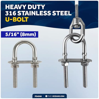 Five Oceans 12-Inch Anchor Safety Straps, Heavy Duty 7x19 PVC Coated Stainless Steel 6mm Wire Rope, Includes 5/16-Inch Carabiner Snap Hook and 5/16-Inch U-Bolt - FO4560