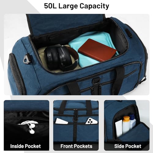 MIER Packable Travel Duffle Bag with Shoe Compartment, 50L, Drak Blue | Foldable Weekender Duffel; Multi-Pockets; Adjustable Shoulder Strap; Luggage Sleeve; Travel, Sports, Camping, Gym - color: Drak Blue, size: 50L