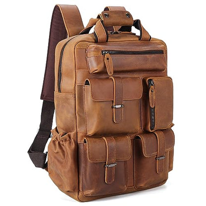 Polare Cowhide Leather Multiple Laptop Backpack Day Pack Travel Bag Satchel For Men - color: Light Brown