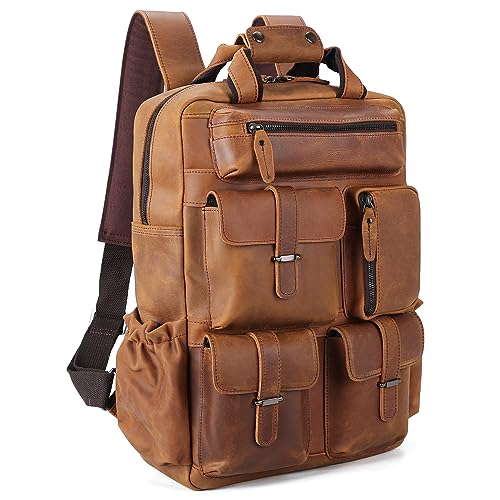 Polare Cowhide Leather Multiple Laptop Backpack Day Pack Travel Bag Satchel For Men - color: Light Brown