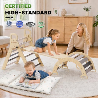 Pikler Triangle Set with Cushion, Wooden Climbing Toys for Toddler | Foldable 8-in-1 Montessori Philosophy Toddler Climbing Toys Indoor with Reversible Ramp, Arch and Ladder - Elegant Gray - color: Elegant Gray