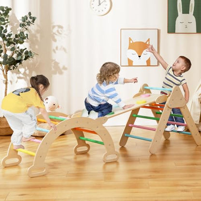 Costzon Climbing Toys for Toddlers, Foldable Montessori Wooden Arch Climber Ladder with Sliding Ramp, Multi-Combination Methods, Rainbow Kids Triangle Climber Play Gym Set for Boys Girls Gift Present - style: 5 in 1 Arch Climber Ladder, Rainbow