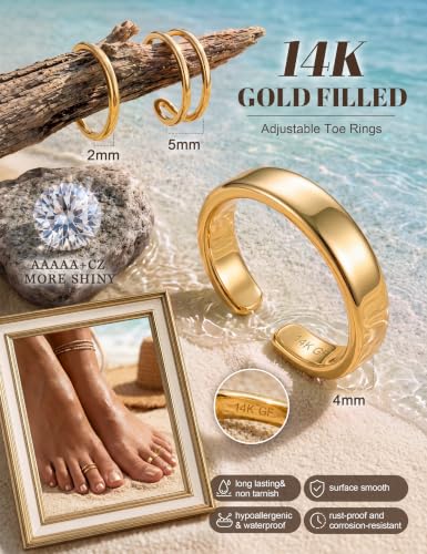 FIASASO 3Pcs Gold Filled Toe Rings for Women Non Tarnish 14K Gold Filled Toe Ring Adjustable Flower Cz Dainty Toe Ring Summer Beach Open Toe Rings Set Toe Jewelry Foot Jewelry - color: 14K Gold Filled wide