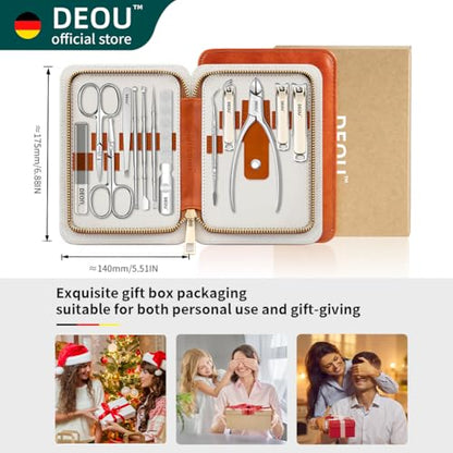DEOU 13pcs Women Nail Grooming Kit Stainless Steel Professional Manicure Set Nail Care Tools with Luxurious Portable Travel Case Gift | Manicure Pedicure Kit for Men Women, Nail Care Cuticle Tools, Luxury Finger & Toe Nail Clipper Set, Grey Travel Case -