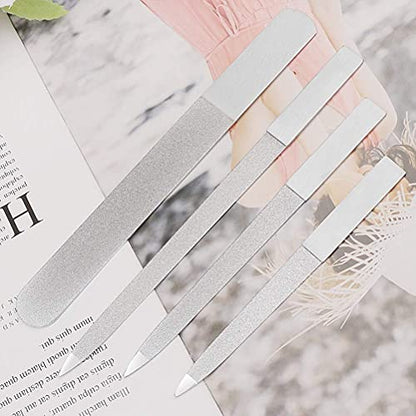 4 Pcs Metal Nail File Diamond, Double-Sided, 5.9 Inch | Stainless steel, pointed and round tips, for fingernails, toenails, acrylic and natural nails, for salon home travel use