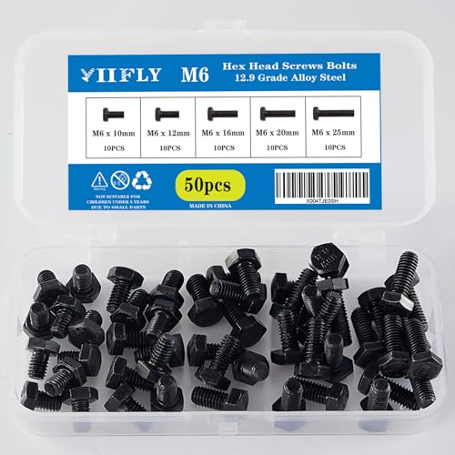 M6-1.0 Hex Head Screw Bolts - 10/12/16/20/25mm Length Kit, 12.9 Grade Alloy Steel, Hexagon Head Bolts, Black Oxide Finish, Full Thread,Quantity 50-Piece Set - size: 12.9-Hex-M6-10-25mm