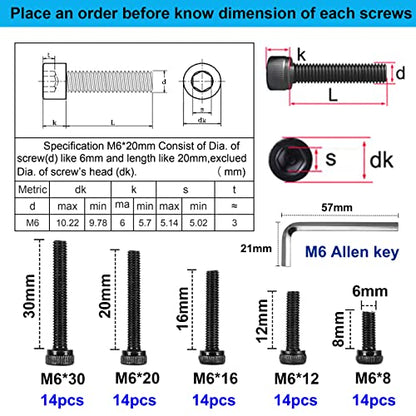 70PCS Hex Socket Head Cap Screws Bolts, M6 x 10/12/16/20/30mm, Allen Head Internal Hex Drive Machine Screws Set with Hex Wrenches, Grade 12.9 Alloy Steel, Black Oxide, Fully Threaded: 1.0mm