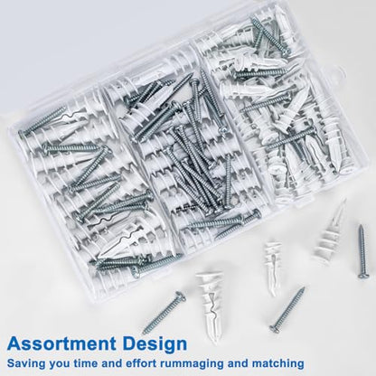 Self Drilling Drywall Anchors, 3 Size 114PCS Heavy Duty Dry Wall Anchors and Screws Kit for Hanging Sheetrock, 57 Self-Tapping Plastic Drywall Hangers and 57 Sheet Rock Screws-50/75/95 Lbs - size: 3size-57pcs