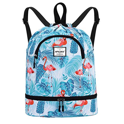 Dry Wet Drawstring Backpack with Shoe Compartment for Women Adjustable Gym Bag - color: Flamingo Blue