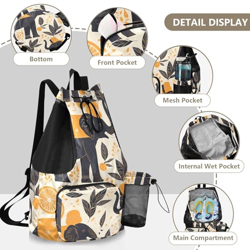 GuoChe Drawstring Backpacks Gym Swim Bag With Inside Pockets Pull String Bag Waterproof Black Elephants - color: Black Elephants