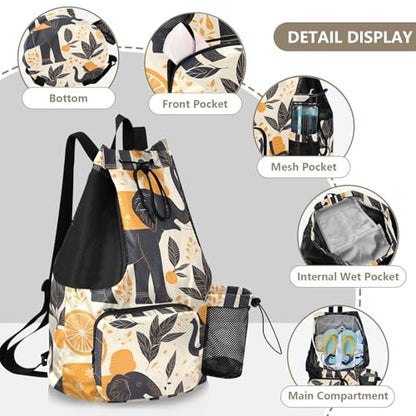 GuoChe Drawstring Backpacks Gym Swim Bag With Inside Pockets Pull String Bag Waterproof Black Elephants - color: Black Elephants
