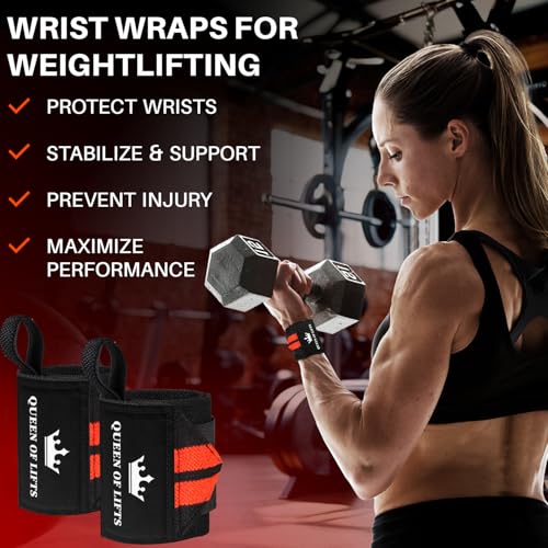 TECEUM Weightlifting 18" & 12" Wrist Wraps with Thumb Loop – Heavy Duty Wrist Workout Braces for Men and Women – Ideal for Powerlifting, Strength Training, Bodybuilding - color: Black and Red, style: 12" – Queen of Lifts