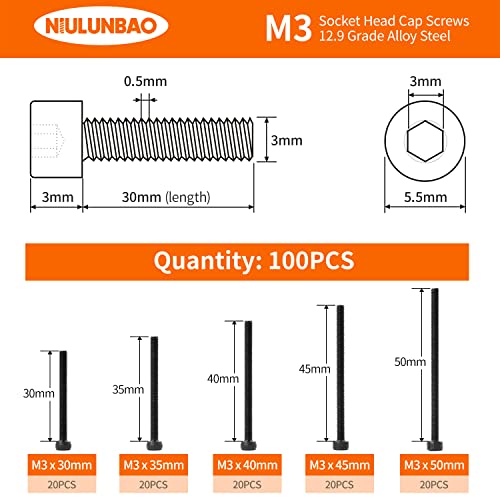 M3 x 30mm 35mm 40mm 45mm 50mm Hex Socket Head Cap Screws Bolts, 12.9 Grade Alloy Steel, Black Oxide Finish, Metric Allen Hex Drive, Machine Fully Threaded, Assortment Kit 100PCS - size: M3 x 30/35/40/45/50mm (100PCS)