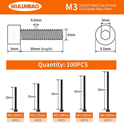 M3 x 30mm 35mm 40mm 45mm 50mm Hex Socket Head Cap Screws Bolts, 12.9 Grade Alloy Steel, Black Oxide Finish, Metric Allen Hex Drive, Machine Fully Threaded, Assortment Kit 100PCS - size: M3 x 30/35/40/45/50mm (100PCS)
