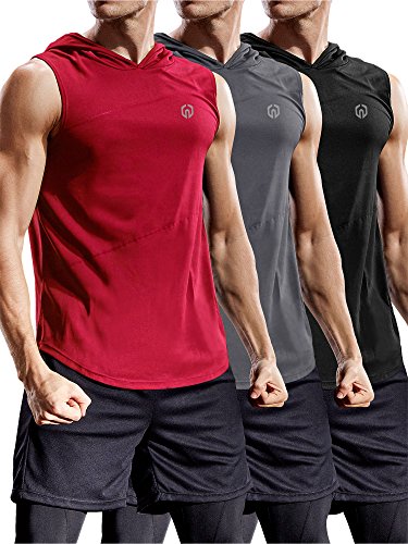 NELEUS Dry Fit Workout Athletic Muscle Tank Top Running Shirts with Hoods - color: 5036# 3 Pack:black,grey,red, size: Large