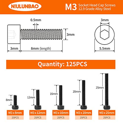 M3 x 8mm 12mm 16mm 20mm 25mm Hex Socket Head Cap Screws Bolts, 12.9 Grade Alloy Steel, Black Oxide Finish, Metric Allen Hex Drive, Machine Fully Threaded, Assortment Kit 125PCS - size: M3 x 8/12/16/20/25mm (125PCS)