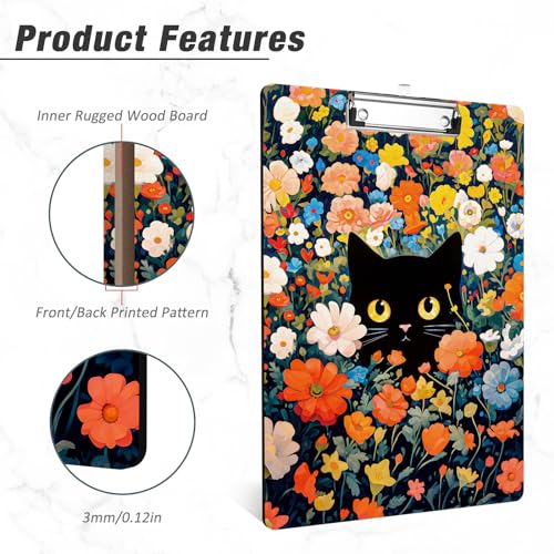 Rimilak Wood Clipboard, 8.5x11 Hardboard Clip Board, Flowers Cat | Fun Design, Cute Custom Pattern, 9 x 12.5 in Letter Size for Classroom, Teachers, Kid, Woman, School & Office Supply - color: Flowers Cat
