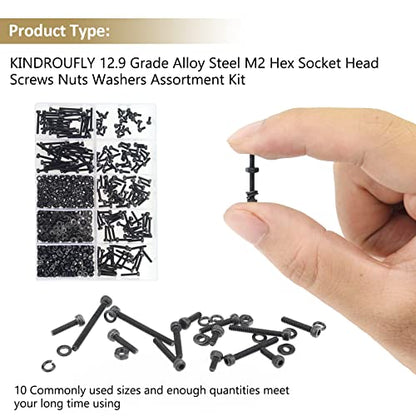 562 Pieces Black M2 x 4/6 /8/10 /12/16 /20mm Hex Socket Head Cap Screws Nuts Washers Assortment Kit, 12.9 Grade Alloy Steel - size: M2, style: Socket Head