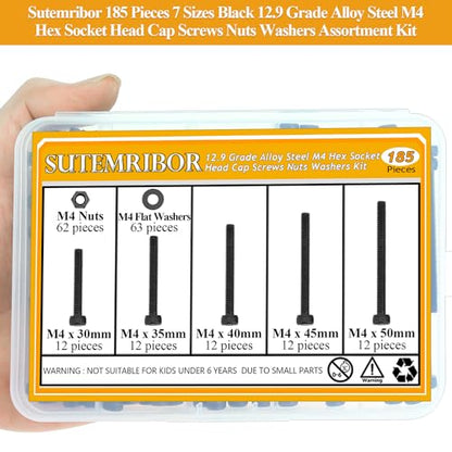 185 Pieces M4 x 30/35/40/45/50mm Hex Socket Head Cap Screws Nuts Washers Set Black, Sutemribor M4 Long Screws, M4 Black Screws Nuts Washers Assortment Kit, 12.9 Grade Alloy Steel, Fully Threaded - size: M4 x 30/35/40/45/50mm Kit, style: Socket Head