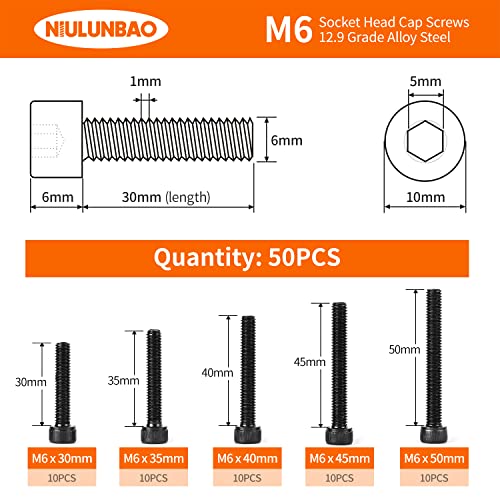 M6 x 30mm 35mm 40mm 45mm 50mm Hex Socket Head Cap Screws Bolts 12.9 Grade Alloy Steel, Black Oxide Finish, Metric Allen Hex Drive, Machine Fully Threaded, Assortment Kit 50PCS - size: M6 x 30/35/40/45/50mm (50PCS)