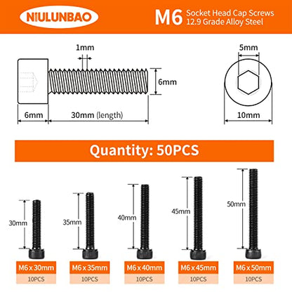 M6 x 30mm 35mm 40mm 45mm 50mm Hex Socket Head Cap Screws Bolts 12.9 Grade Alloy Steel, Black Oxide Finish, Metric Allen Hex Drive, Machine Fully Threaded, Assortment Kit 50PCS - size: M6 x 30/35/40/45/50mm (50PCS)