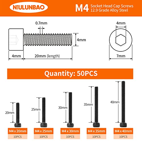M4 x 20mm 25mm 30mm 35mm 40mm Hex Socket Head Cap Screws Bolts, 12.9 Grade Alloy Steel, Black Oxide Finish, Allen Hex Drive, Metric Machine Fully Threaded, Assortment Kit 50PCS - size: M4 x 20/25/30/35/40mm (50PCS)