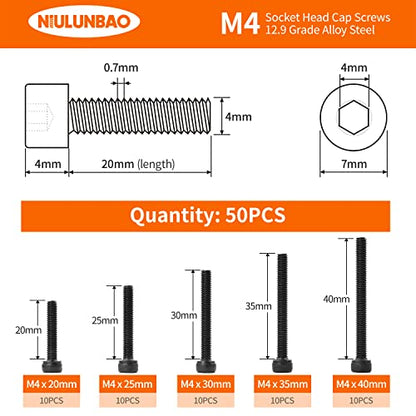M4 x 20mm 25mm 30mm 35mm 40mm Hex Socket Head Cap Screws Bolts, 12.9 Grade Alloy Steel, Black Oxide Finish, Allen Hex Drive, Metric Machine Fully Threaded, Assortment Kit 50PCS - size: M4 x 20/25/30/35/40mm (50PCS)