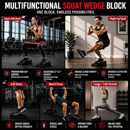 Squat Wedge Block, Non-Slip Adjustable Slant Board for Squats, 5 Bands | High-Density Rubber, Dual Heel Elevator, for Goblet Squats, Calf Raise Training & Deadlifts"