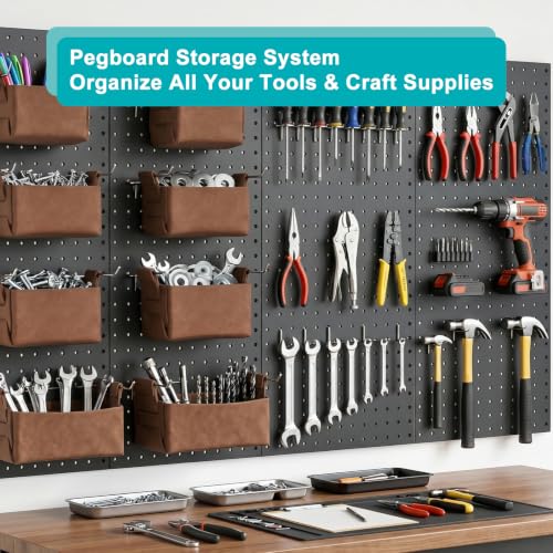 PBHEPJ Peg Board, 10 Pack Metal Pegboard Panels with 76 Pcs Hooks and Baskets, Heavy Duty Peg Board Wall Organizer for Walls Home, Garage Tool Storage, Office Organization, Black