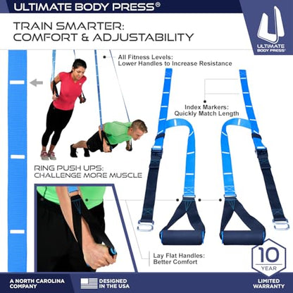 Ceiling Mount Pull Up Bar with 48” Straight Bar and 14” Risers, Fits 16” and 24” Joist by Ultimate Body Press - color: Ceiling Mount Pull Up Bar and Strap System