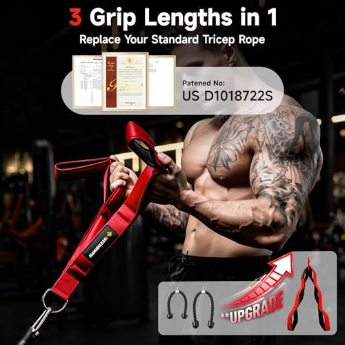 MANUEKLEAR 3 Grip Lengths in 1 Tricep Rope Cable Attachment with Ergonomic Handles, Greater ROM for Tricep Push Down Attachment Professional Gym Rope for Overhead Extension - color: Red
