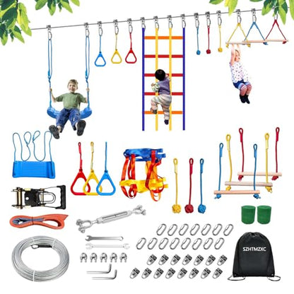 Ninja Warrior Obstacle Course for Kids Backyard Outdoor, 55ft Stainless Steel Main Cable, No Sagging, No Fraying, Weatherproof, 11 Pcs Training Accessories, Monkey Bar, Climbing Net, Swing - size: 55FT 11Pcs