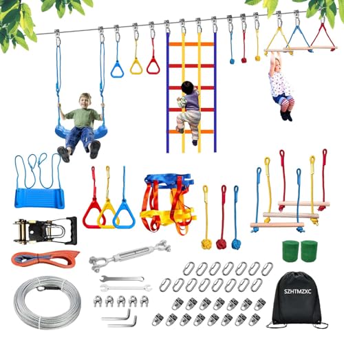 Ninja Warrior Obstacle Course for Kids Backyard Outdoor, 55ft Stainless Steel Main Cable, No Sagging, No Fraying, Weatherproof, 11 Pcs Training Accessories, Monkey Bar, Climbing Net, Swing - size: 55FT 11Pcs