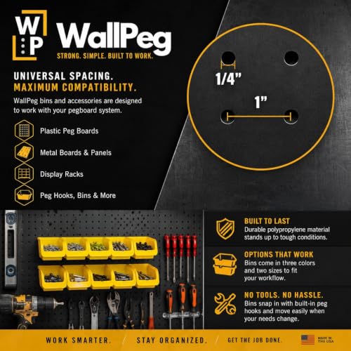 WallPeg 12 Black PEGBOARD Bins - Peg Board Organizer Accessories - Pegboard Bins for Craft Room Storage & Garage Organization - Handy Peg Board Wall Organizer Bin Set -Made in USA- - style: 12 (5" Bins)
