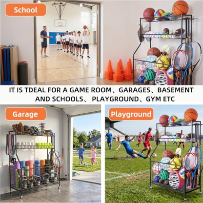 Garage Sports Equipment Organizer,Ball Storage Rack,Garage Organizer with Baskets and Hooks, Sports Gear Storage,Garage Ball Storage, Black