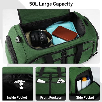 MIER Packable Travel Duffle Bag with Shoe Compartment, 50L, Dark Green | Foldable Weekender Duffel; Multi-Pockets; Adjustable Shoulder Strap; Luggage Sleeve; Travel, Sports, Camping, Gym - color: Dark Green, size: 50L