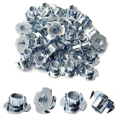3/8"-16 T-Nut (50 Packs), Zinc Plated Carbon Steel T-Nut | 7/16" Barrel Length, 4 Pronged Tee Blind Nuts, Threaded Inserts for Wood, Rock Climbing Holds, Cabinetry, Furniture - size: 3/8"-16