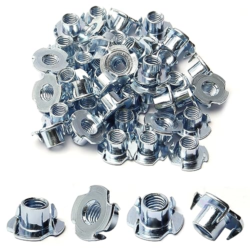 3/8"-16 T-Nut (50 Packs), Zinc Plated Carbon Steel T-Nut | 7/16" Barrel Length, 4 Pronged Tee Blind Nuts, Threaded Inserts for Wood, Rock Climbing Holds, Cabinetry, Furniture - size: 3/8"-16