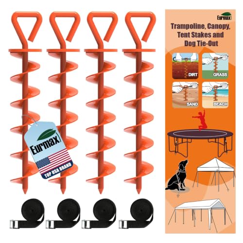 Eurmax USA 4 Pack Heavy Duty Ground Stakes,Industrial Grade Spiral Steel Screw-In Trampoline Anchors with 4 Reinforced Straps,High Wind Stabilizing Kit for Dog Tie-Out,Canopies,Sheds,Swing Sets,Orange - color: Orange, style: Triangle Head Pro