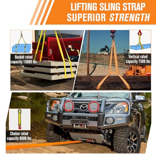 2 Pcs 2" x 10FT Heavy Duty Nylon Lifting Slings and Straps | 15000lb Capacity Flat Eye Rigging Strap for Hoist, Towing, Moving, Tree Saver Recovery and Winch