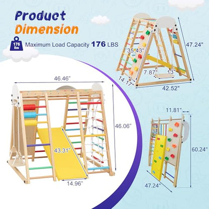 Large Wooden Indoor Jungle Gym 9-in-1 Playground Climbing Toys for Kids Ages 2-6, Waldorf Style Wooden Climber Playset with Slide, Monkey Bars, Ladder, Rope Ladder, Rock Climbing, Swing (9-in-1) - size: 9-in-1