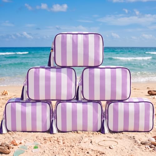 Kacctyen 6 Pack Lavender Purple and White Striped Makeup Bag bulk with Tassel Travel Cosmetic Pouch Organizer Large Zipper Toiletry Case for Women Aesthetic Storage Pouch Mahjong Tile Bag - color: Lavender Purple and White
