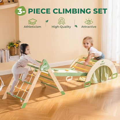 ROBUD 7 in 1 Pikler Triangle Set, Foldable Wooden Climbing Toys for Toddlers, Montessori Foldable Climbing Set with Rope Net, Ramp and Arch Climber for Girls & Boys