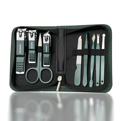 Professional Manicure Pedicure Set 10PCS Stainless Steel Nail Clipper Grooming Kit with Cuticle Trimmer Toenail Cutter Nail File Tweezers Ear Pick Travel Case for Hand Foot Care Emerald Green