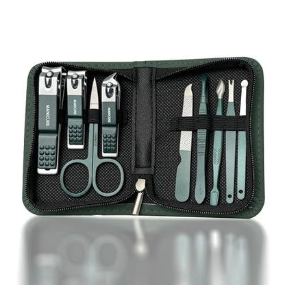 Professional Manicure Pedicure Set 10PCS Stainless Steel Nail Clipper Grooming Kit with Cuticle Trimmer Toenail Cutter Nail File Tweezers Ear Pick Travel Case for Hand Foot Care Emerald Green